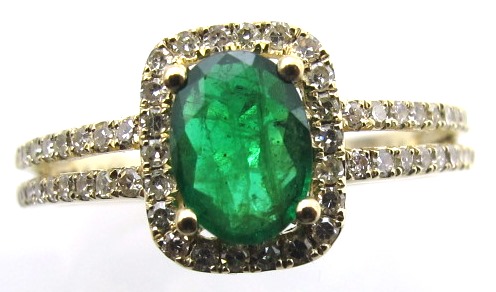 14k Yellow Gold Emerald Ring With Diamond Halo &amp; Split Shank