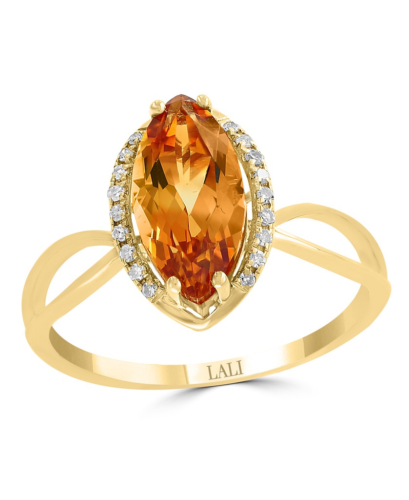 14k Yellow Gold Marquise Citrine & 18 Diamond Ring