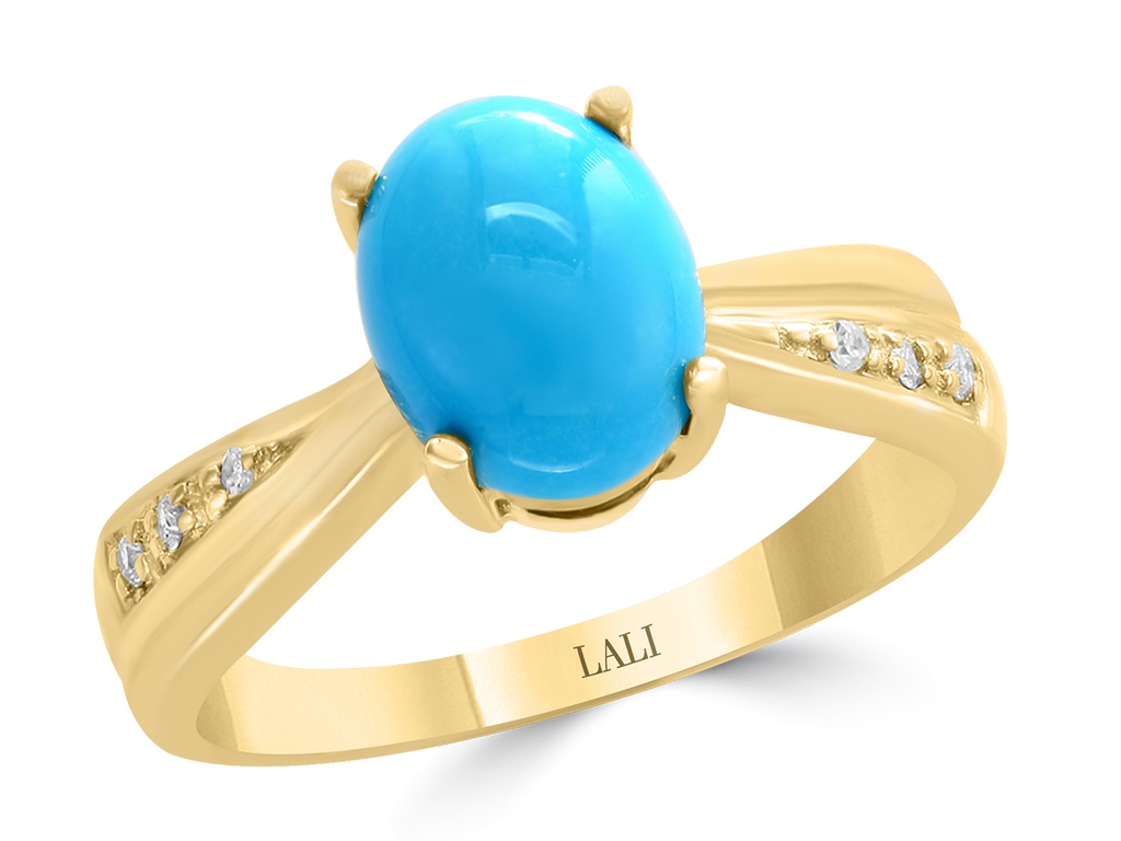 14k Yellow Gold Oval Turquoise &amp; Diamond Ring