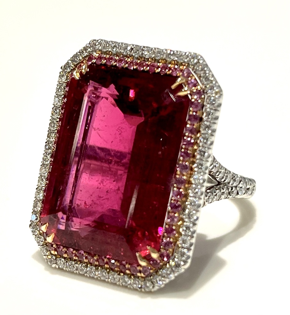18k Emerald Cut Pink Tourmaline Double Halo Ring