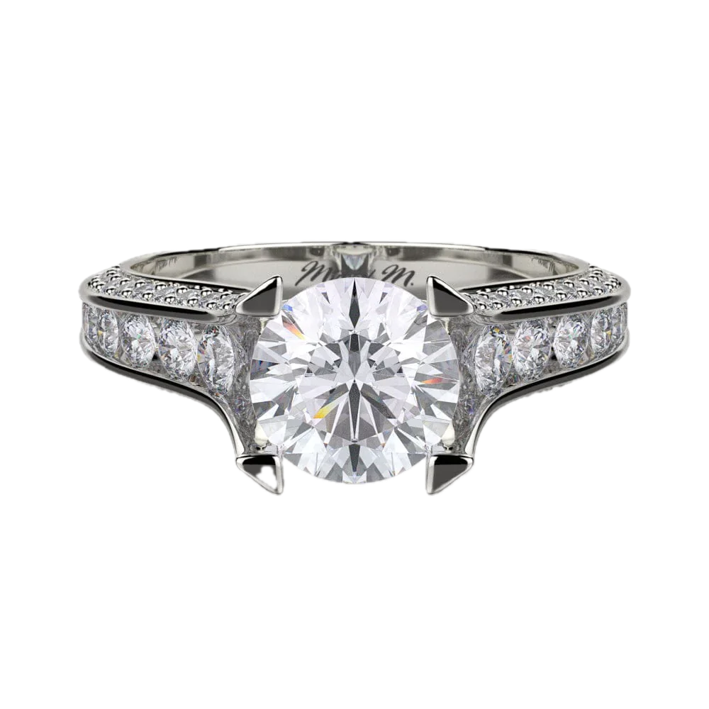 Michael M 18k White Gold Engagement Ring Pave Diamond Up Prongs W/Channels Set In Middle For 1.5ct Round 0.80cttw