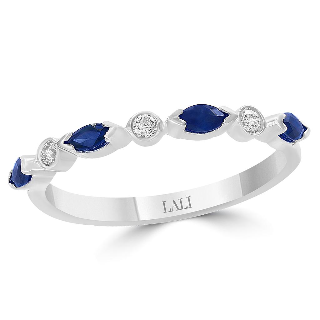 14k White Gold 4 Marquise Sapphire & 3 Round Diamond Band