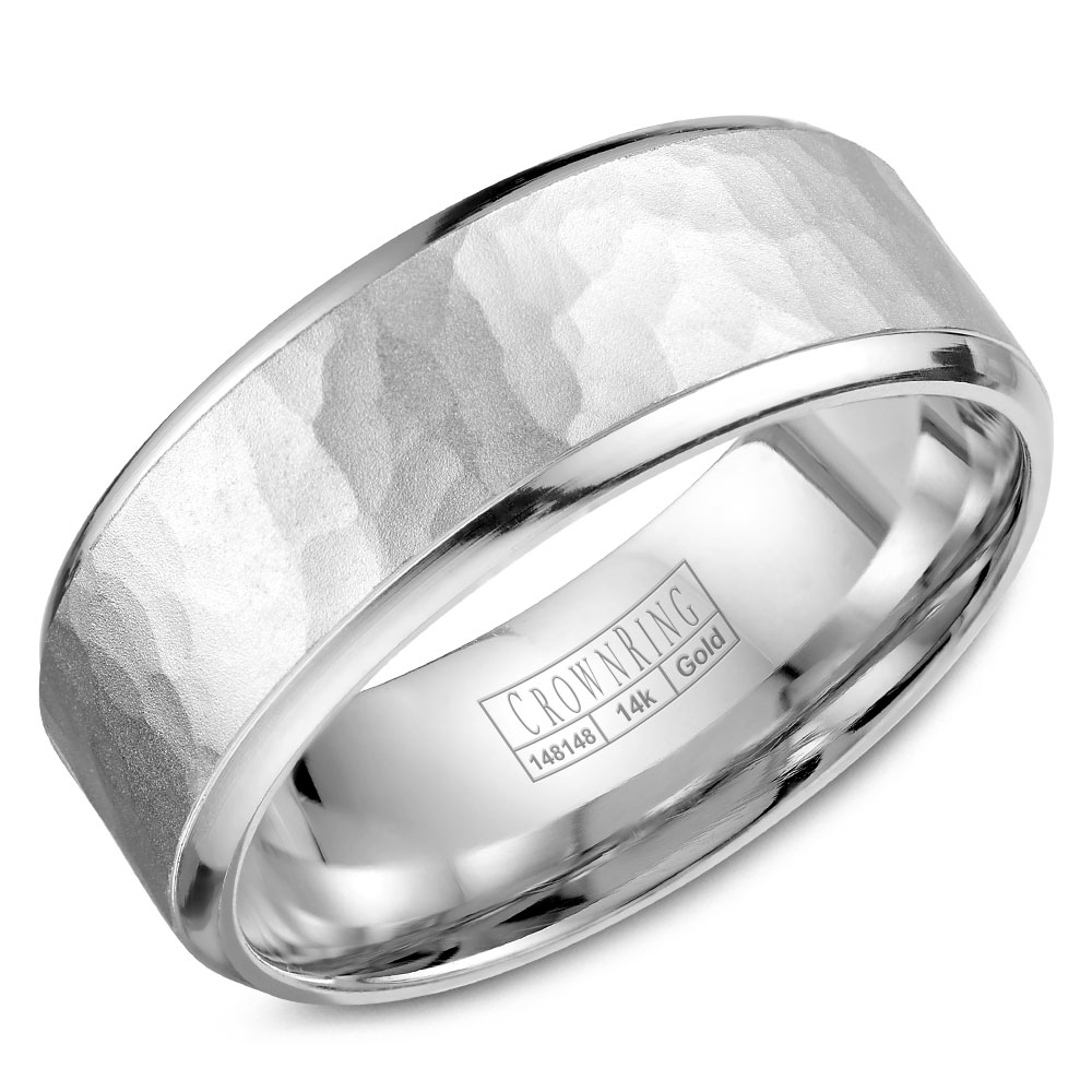 14k White Gold 8m Hammered Wed Bd, Size 7.5