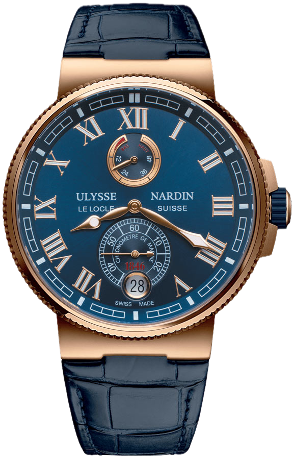 Ulysse Nardin 18k Rose Gold Marine Chronometer 43m W/Power Reserve. Blue Dial &amp; Blue Gtr Strap