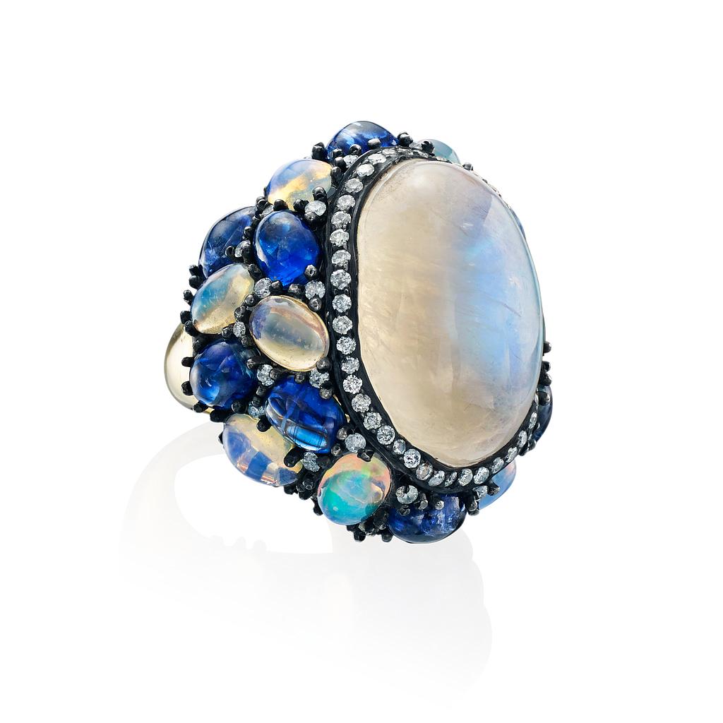 18k Yellow Gold & Silver W/Oval Rainbow Moonstone Center W/Diamonds & Opal & Kyanite Accents