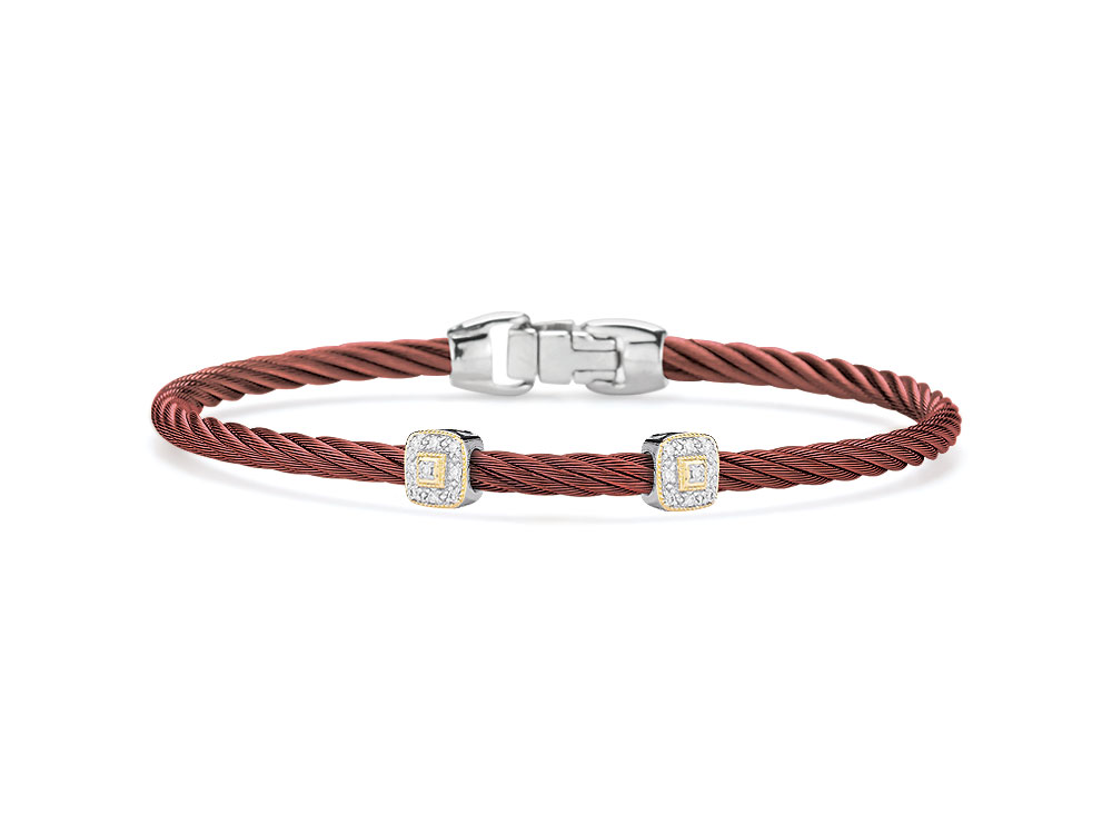 Burgundy Cable Essential Stackable Bracelet With Double Square Diamond Station Set In 18k Rose Gold