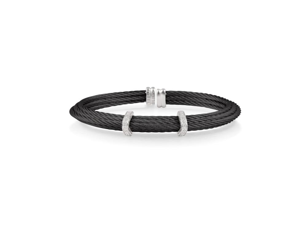 Black Cable Tiered Stackable Bracelet With Double Diamond Station Set In 18k White Gold
