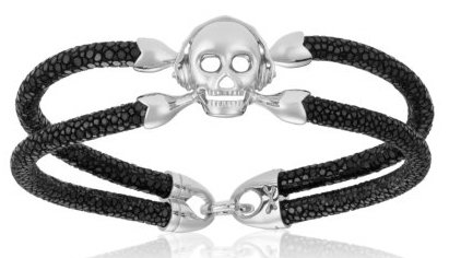 Double Bone Single Skull Silver/Black Stingray Bracelet