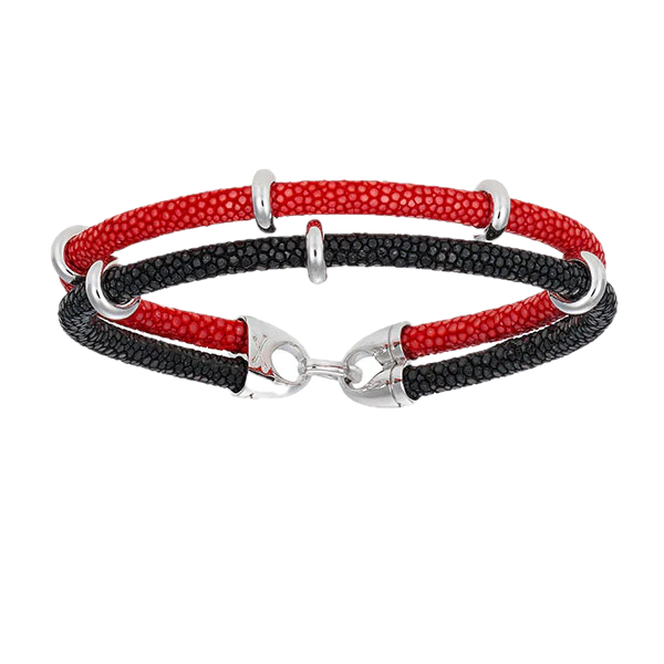Double Bone Double Black/Red Stingray W/Silver Tone Beads Bracelet