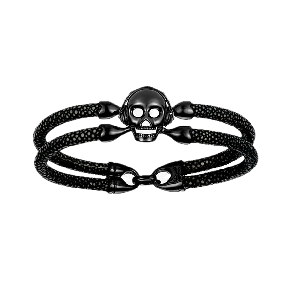 Double Bone Single Skull Black/Black Stingray Bracelet
