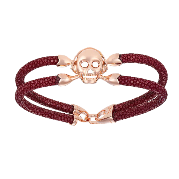Double Bone Single Skull Pink/Red Wine Stingray Bracelet
