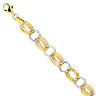 14k Yellow &amp; White Gold Alternating Textured Triple &amp; Plain Round Link Bracelet