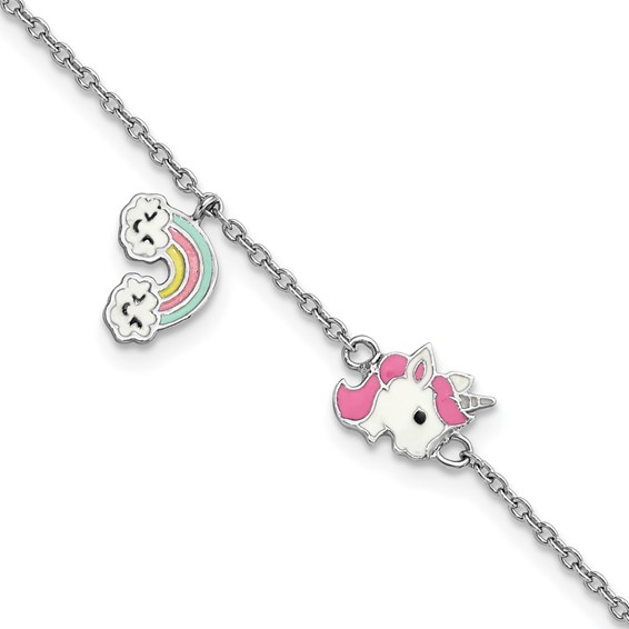 Sterling Silver Rhod-Plate Enamel Unicorn/Rainbow 5.75 In Plus 1in Ext. Bra