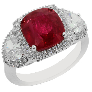 Platinum 3 Stone Halo Ruby Ring