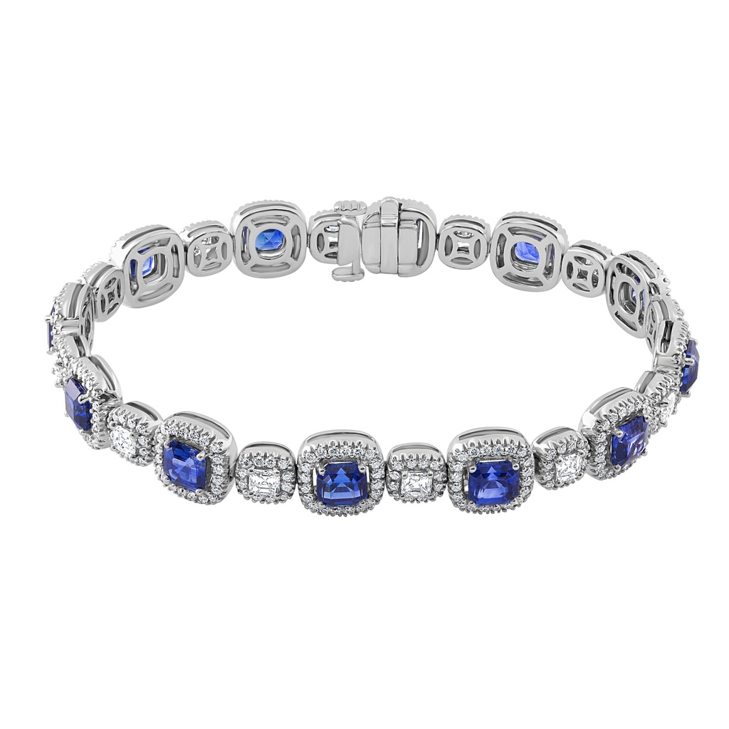 Asscher Colored Gemstone with Cushion Halo and Diamond Bracelet