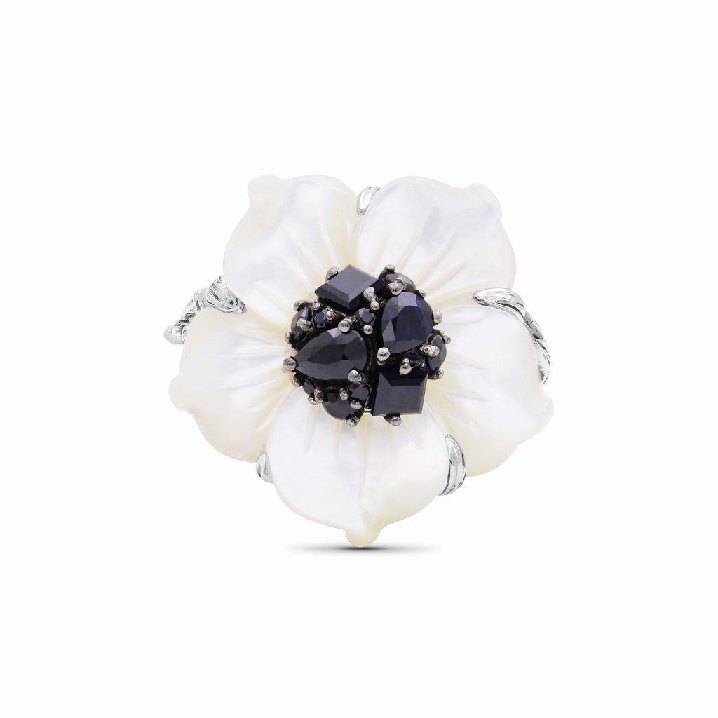 Hand Carved Large Mother Of Pearl Carved Flower Ring