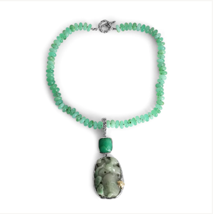 Hand Carved Jade Faceted Chrysoprase And Chrysoprase Bead Necklace In Sterling Silver With 18K Gold Adam