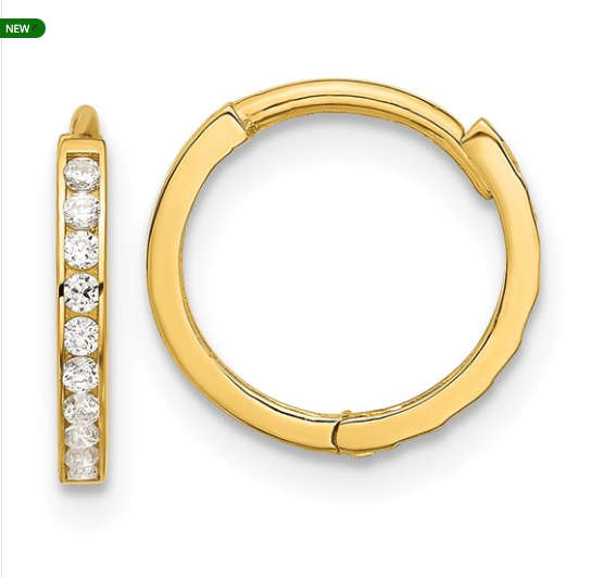 14k Polished CZ and D/C 1.5mm Huggie Hoop Earrings
