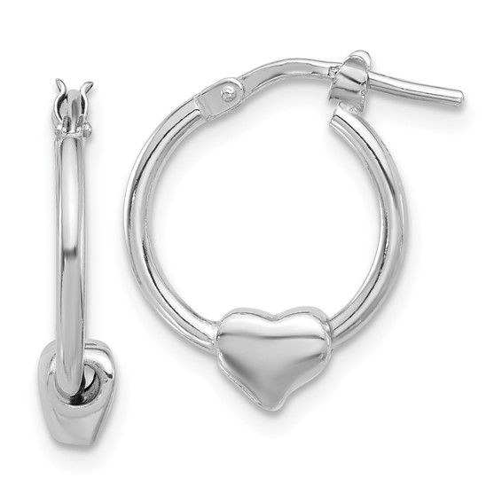 Sterling Silver Rhod-plated Polished Heart Small Round Hoop Earrings