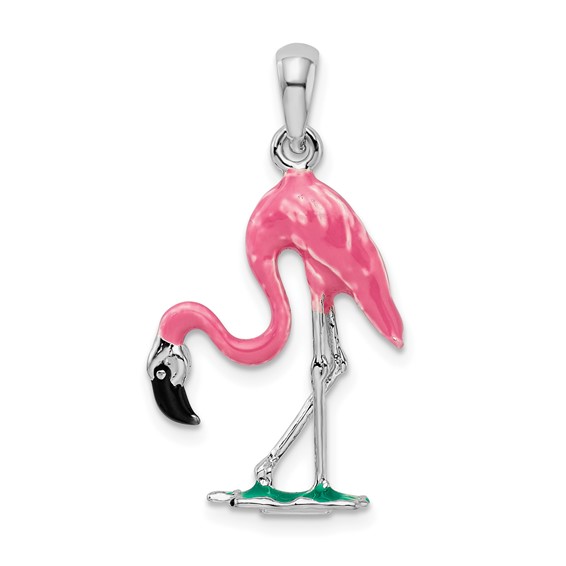 Sterling Silver Polished 3D Pink Flamingo Pendant