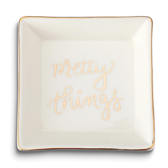 White with Gold-tone PRETTY THINGS Square Ceramic Trinket Dish