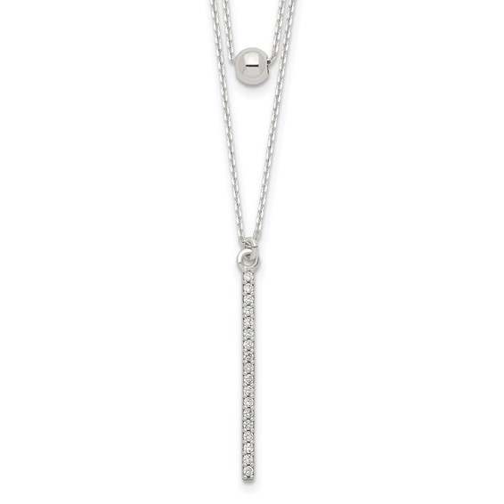Sterling Silver Polished CZ Bar and Bead 2-Strand 16in Necklace