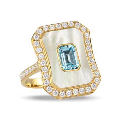 White Mother of Pearl and Light Blue Topaz Center Stone Ring