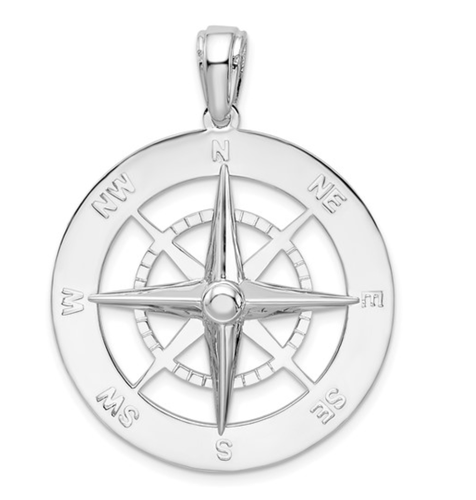 Silver Rhodium-Plated Polished Large Nautical Compass Pendant