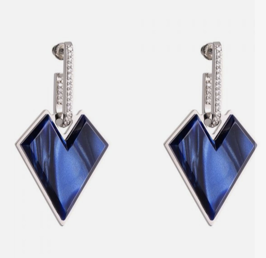 Blue Polymer Heart Earrings With Stones