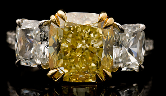 Yellow &amp; White Diamond Cushion 3 Stone Ring