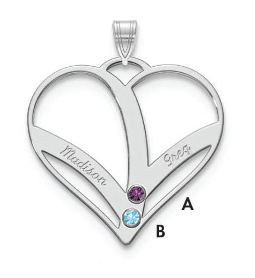SS/Rhodium-plated 2 Name and Birthstone Cut Out Heart Necklace