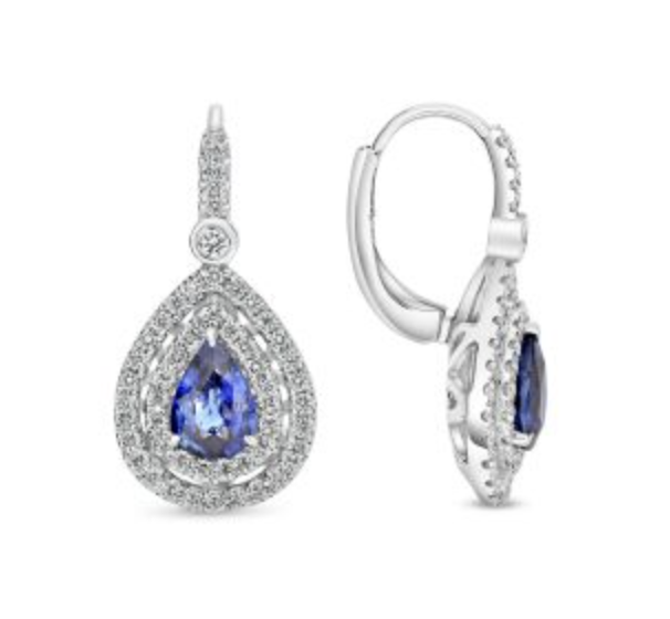 Pear Sapphire with Double Row of Diamond Halo Earrings