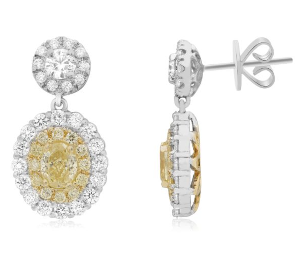 Oval Fancy Yellow Diamond With White Diamond Halo Earrings