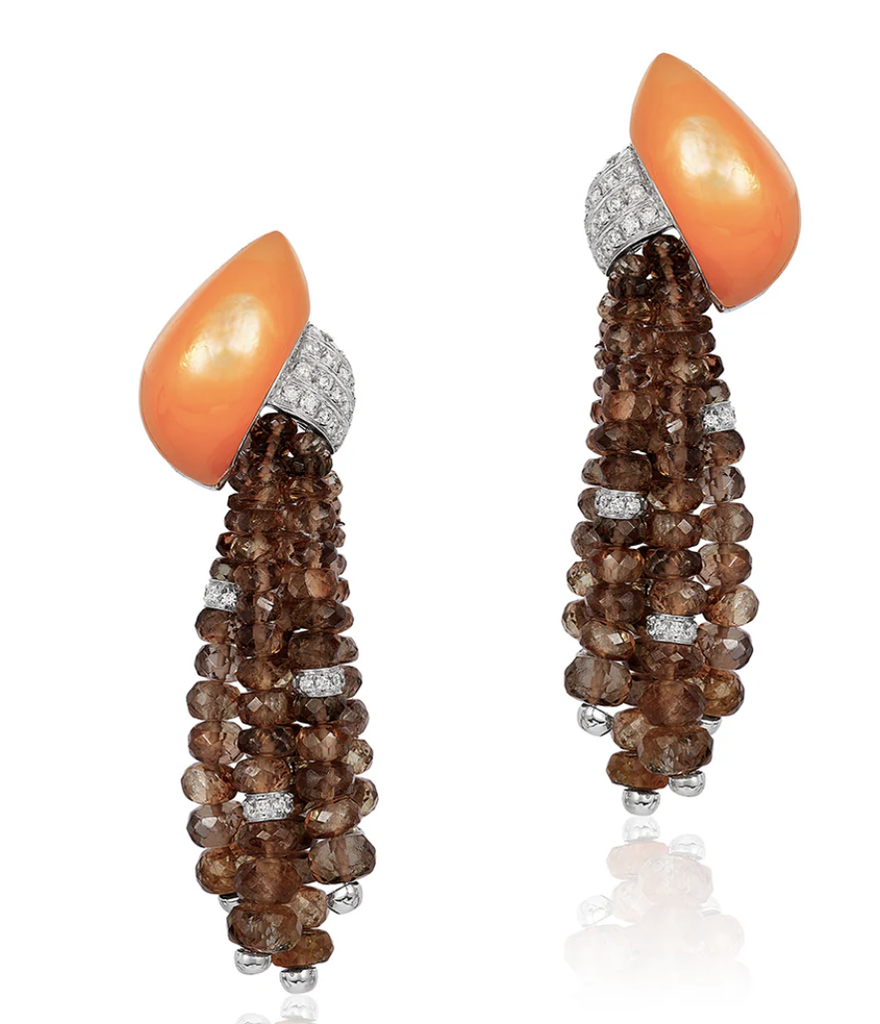 Orange Shelled Brown Bead and Diamond Earrings