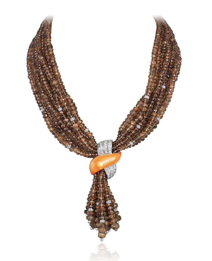 Brown Beaded Necklace with Orange Shell and Diamond Accent