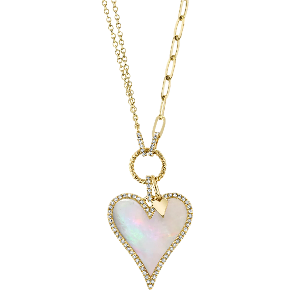 0.20CT DIAMOND & 2.07CT MOTHER OF PEARL HEART PAPER CLIP LINK NECKLACE