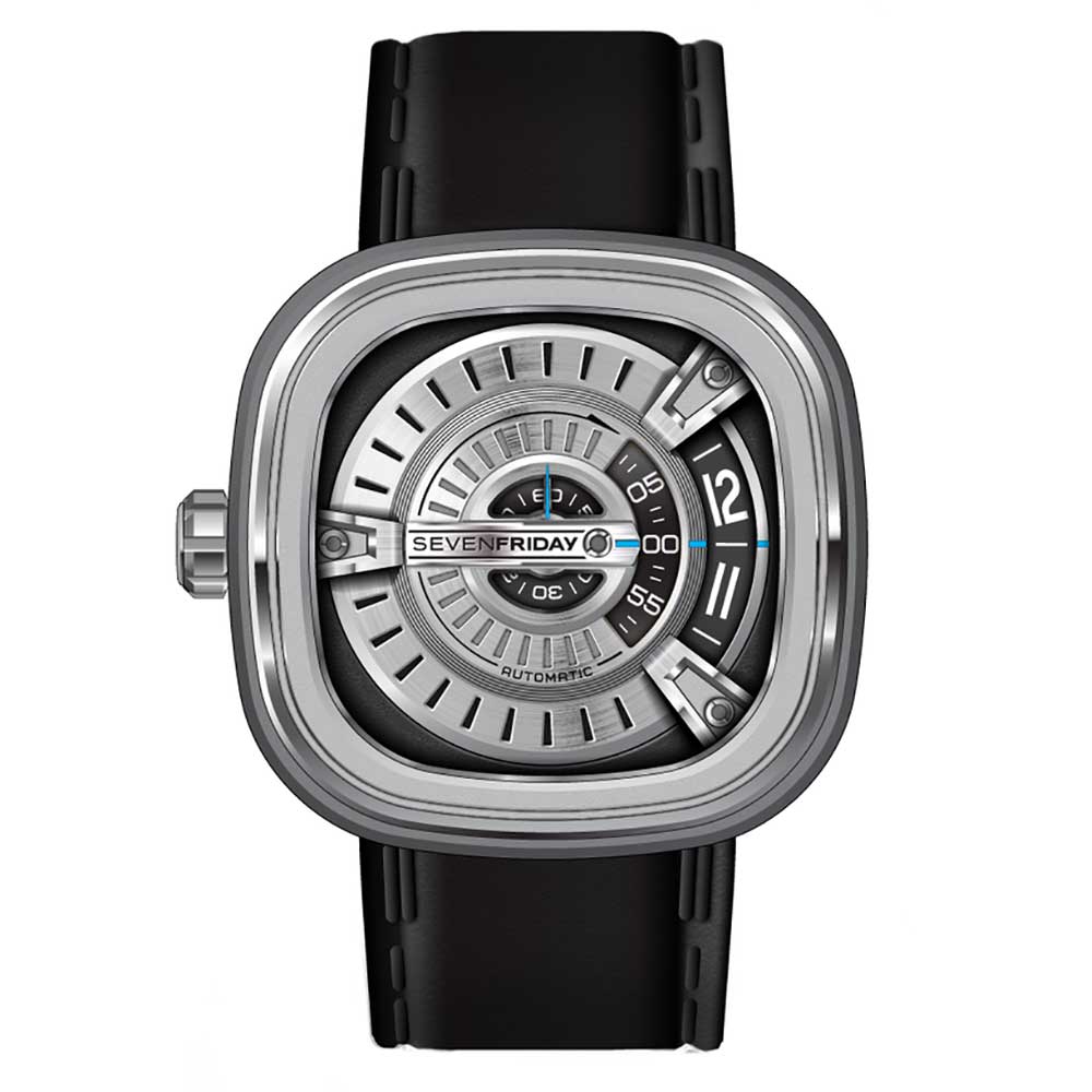 Sevenfriday M1/1 Stainless Steel Watch On A Black Leather Strap. Blue Accents.