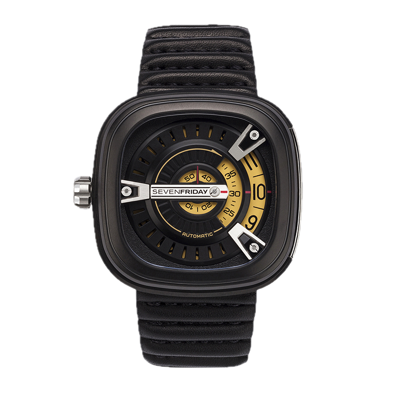 Sevenfriday M2/1 Stainless Steel &amp; Black PVD Watch W/Yellow Accents On Black Strap.