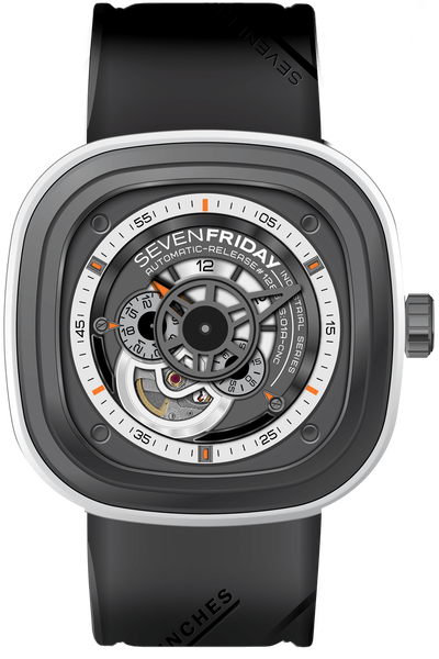 Sevenfriday P3-3 Industrial Engines Steel &amp; Grey PVD Watch. White Case. Gry Rubber Strap.