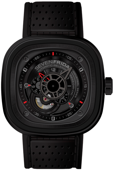 Sevenfriday P3/1 Industrial Engines Stainless Steel &amp; Black PVD Watch W/Red Accents. Black/Red Strap