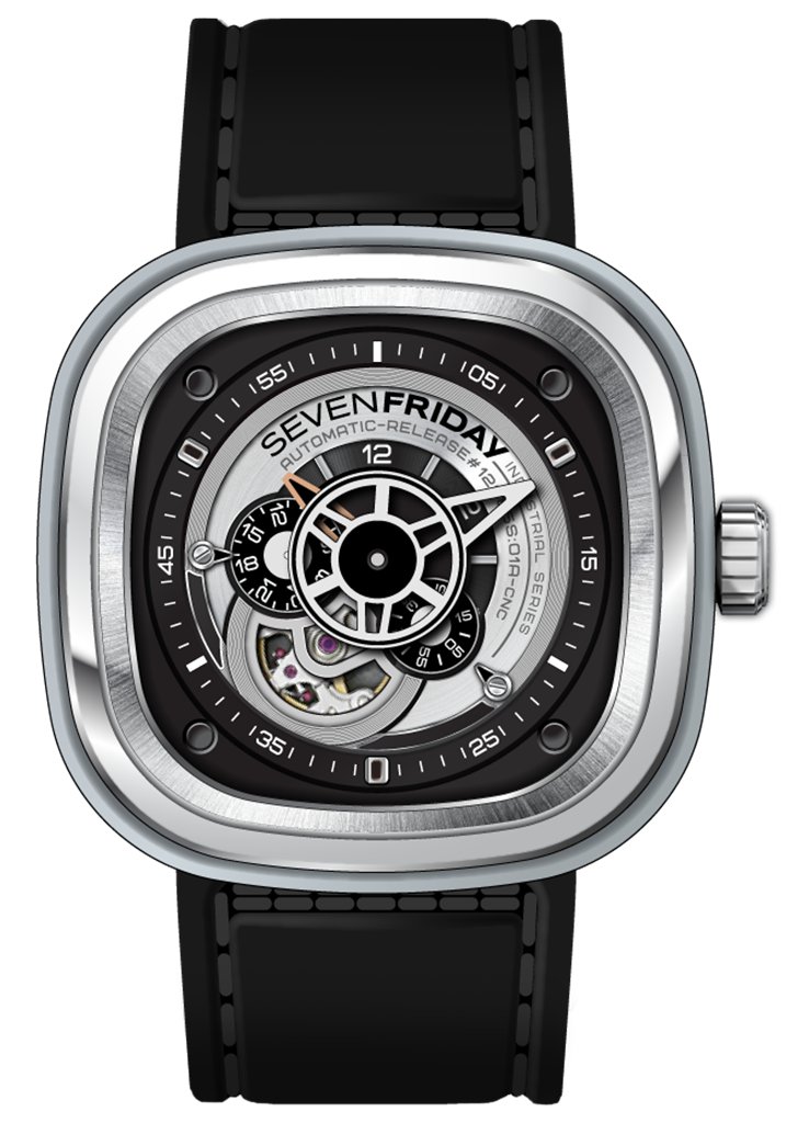 Sevenfriday P Series Industrial Essence. Stainless Steel Case Black Leather Strap