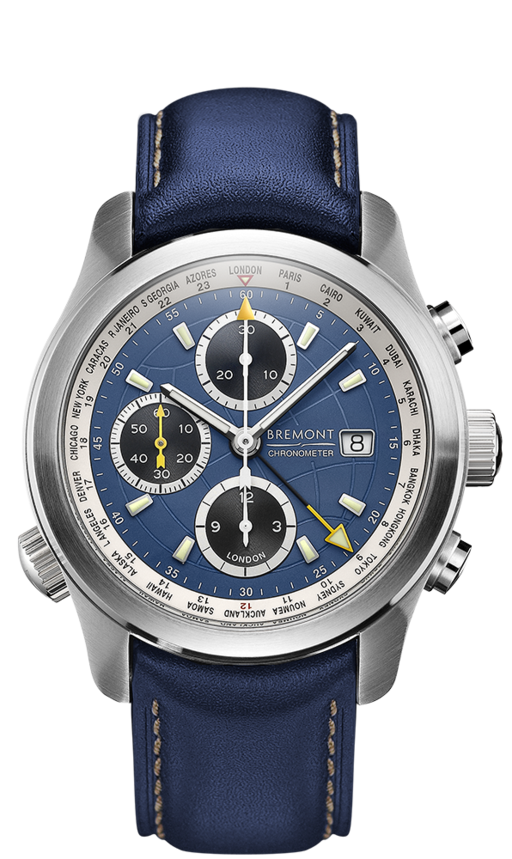 Bremont World Timer Chronometer Stainless Steel Blue Dial On Black Strap