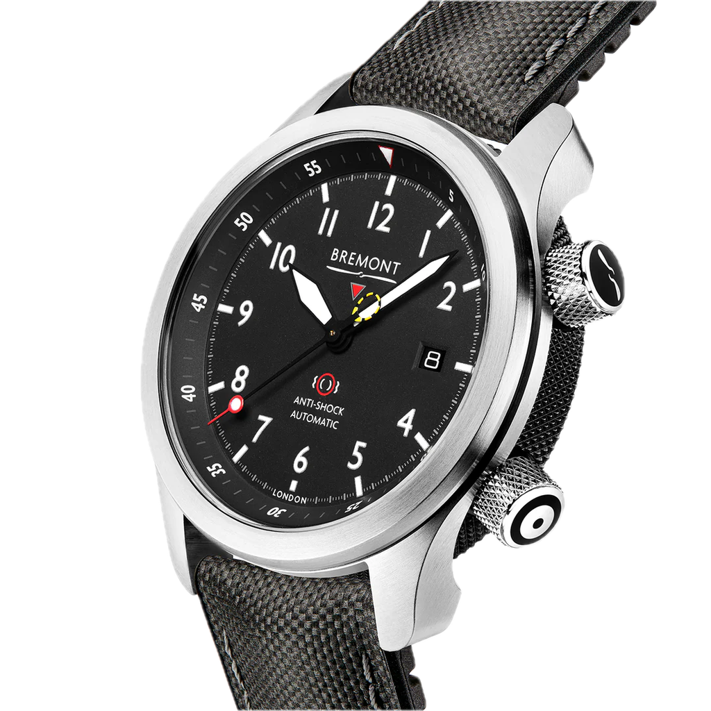 Bremont Mbii/An, Stainless Steel, Black Arabic Dial On A Black Leather &amp; White Stitched Strap.