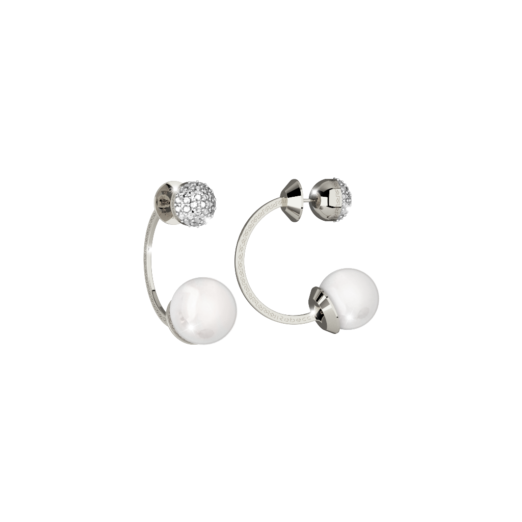 Rebecca Silver Colored Bronze Backward Hoop W/Pearl & White Stone Cluster Ball
