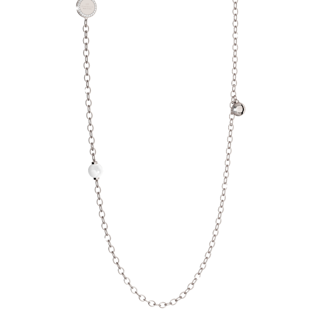 Rebecca Silver Colored Bronze Necklace W/1 Pearl, 1 Silver Ball & 1 Silver Plate W/White Stone Halo