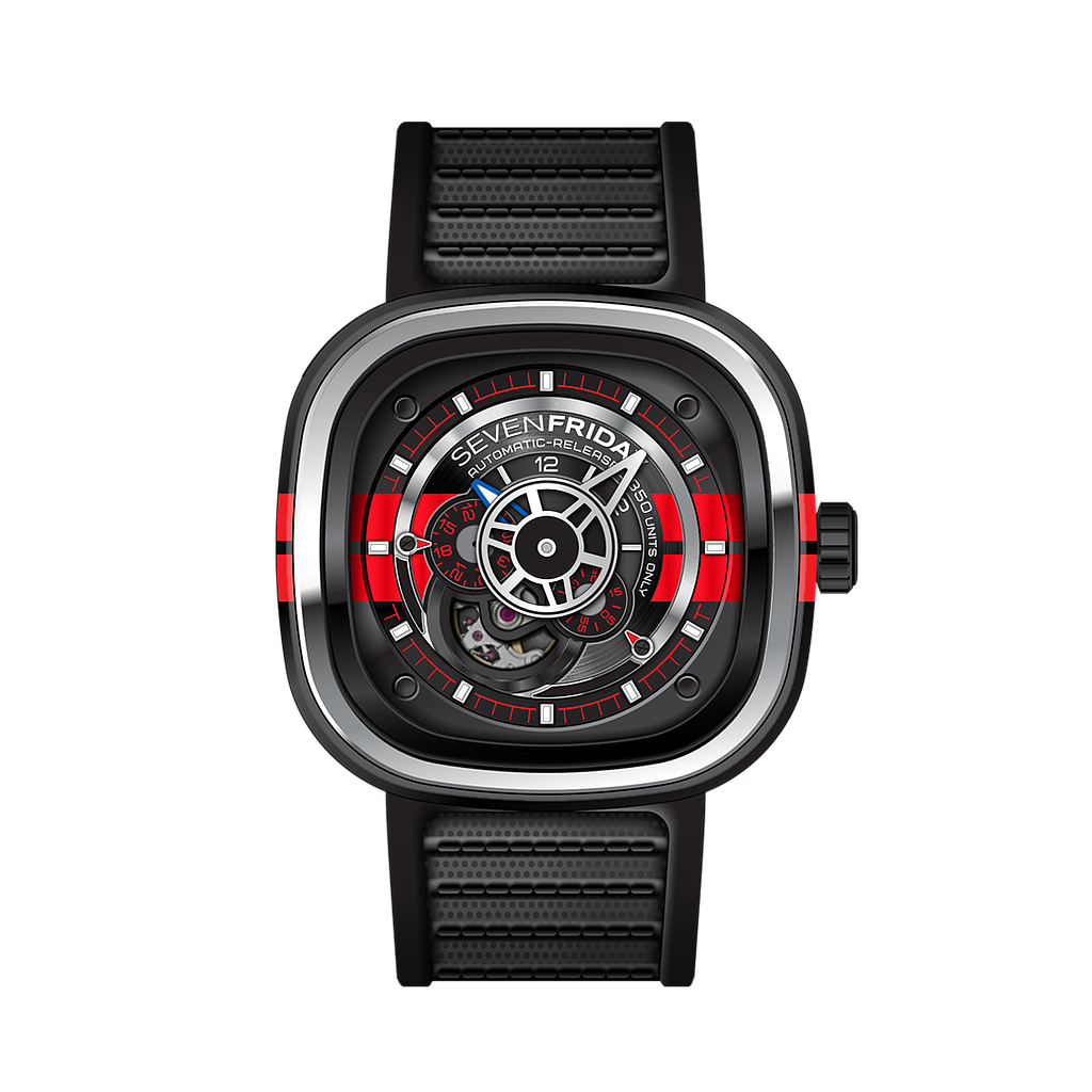 Sevenfriday P3/Bb Special Edition Big-Block Stainless Steel &amp; Black PVD Watch Red Accents Black/Red Strap