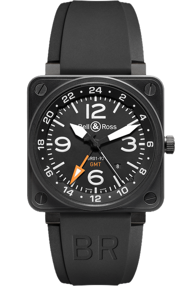 Bell &amp; Ross Aviation Gmt Watch Automatic Black Steel Case W/Black Dial &amp; Black Rubber Strap 46m