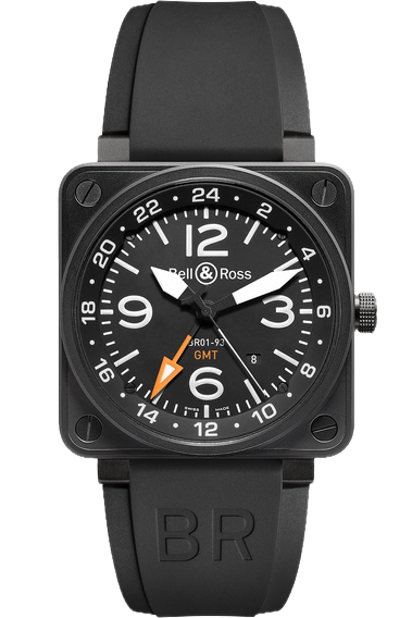 Bell & Ross Aviation Gmt Watch Automatic Black Steel Case W/Black Dial & Black Rubber Strap 46m