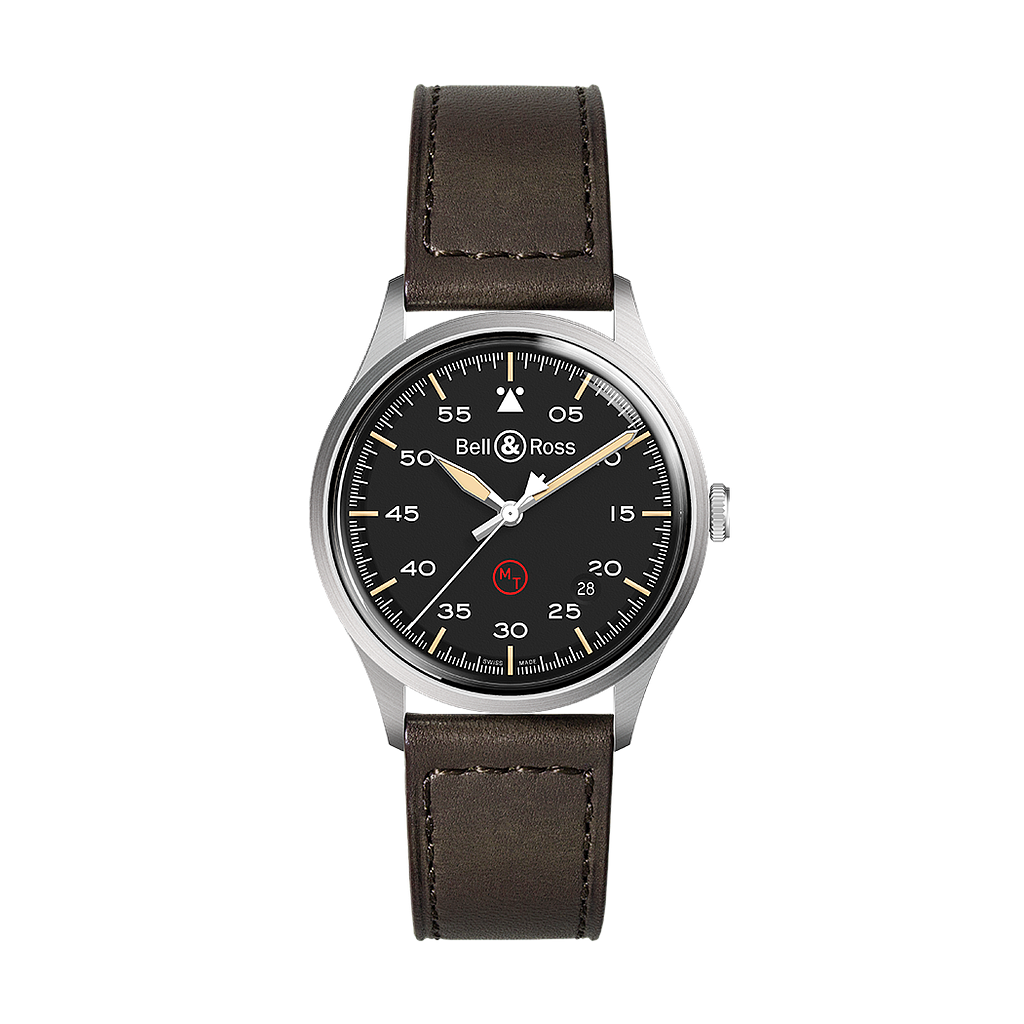 Vintage Automatic Military Satin Polished Steel Case Black Dial Brown Calfskin Strap 38.5m