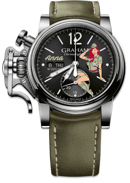 Chronofighter Vintage Noseart (Anna) Ltd. 100 W/Green Calf Strap Size N1 &amp; Steel Pin Buckle